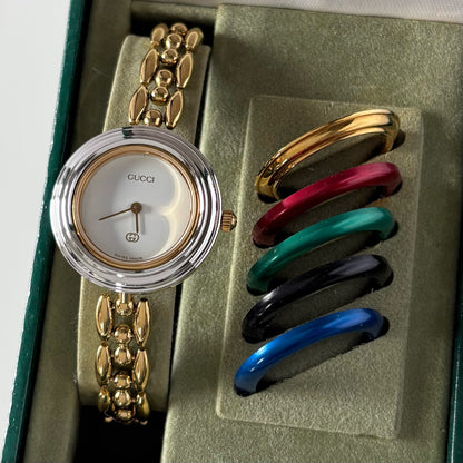 Gucci 1990s Interchangeable Bezel Gold Plated Rice Chain Watch with 6 bezels, case (160mm)