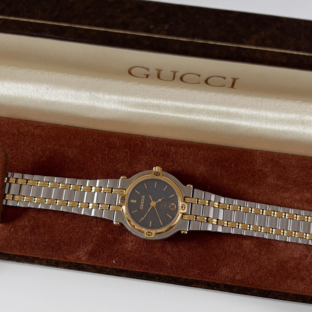 Gucci 1980s Date Round Dial Two Tone Gold Plated Watch