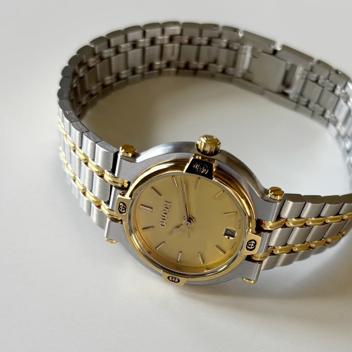 Gucci 1990s Date Round Dial Two Tone Gold Plated Watch