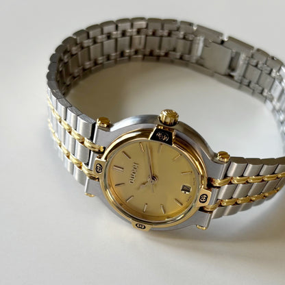Gucci 1990s Date Round Dial Two Tone Gold Plated Watch