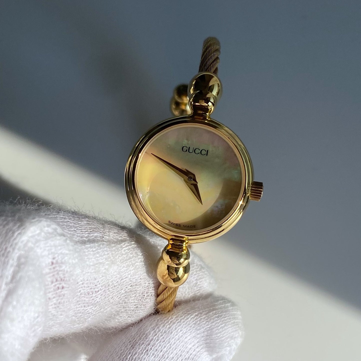 Gucci 1990s Seashell Dial Gold Plated Bangle Watch