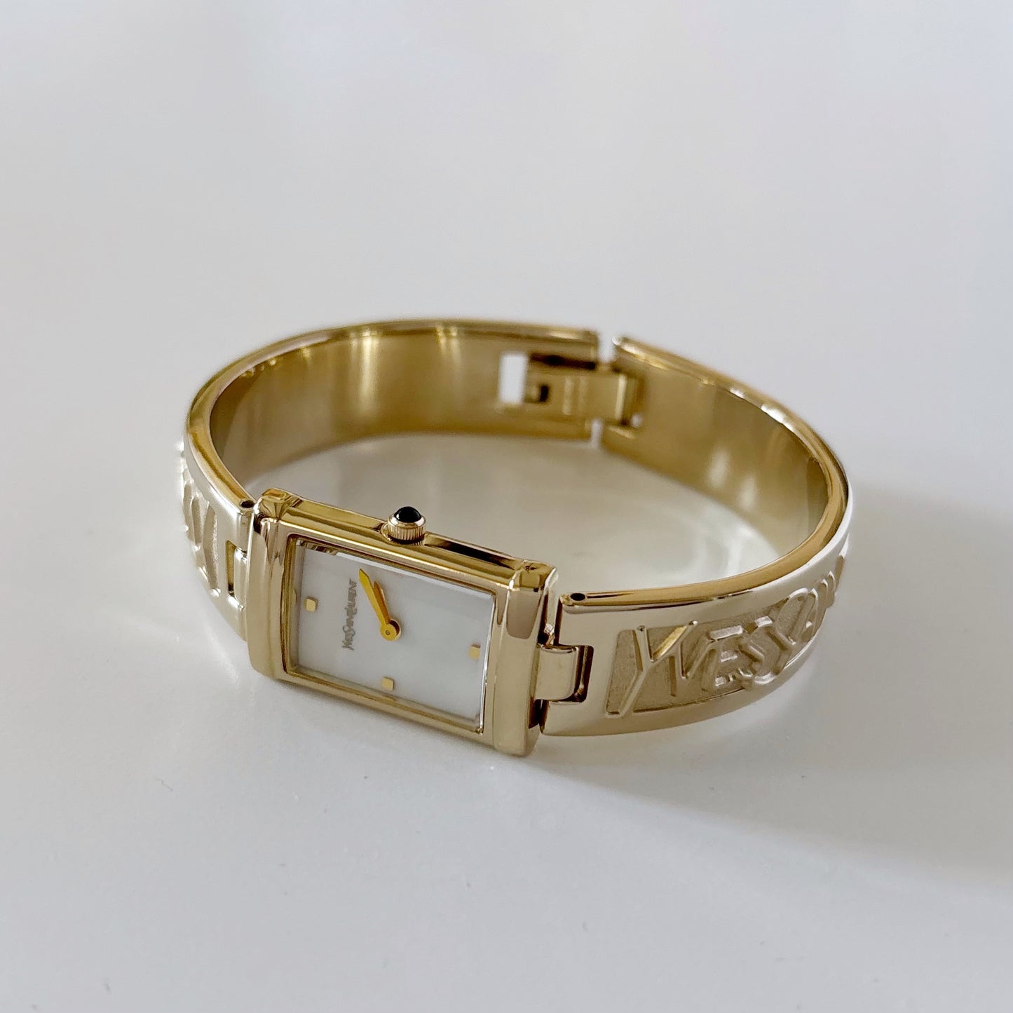 Yves Saint Laurent 1990s Seashell Dial Gold Plated Bangle Watch