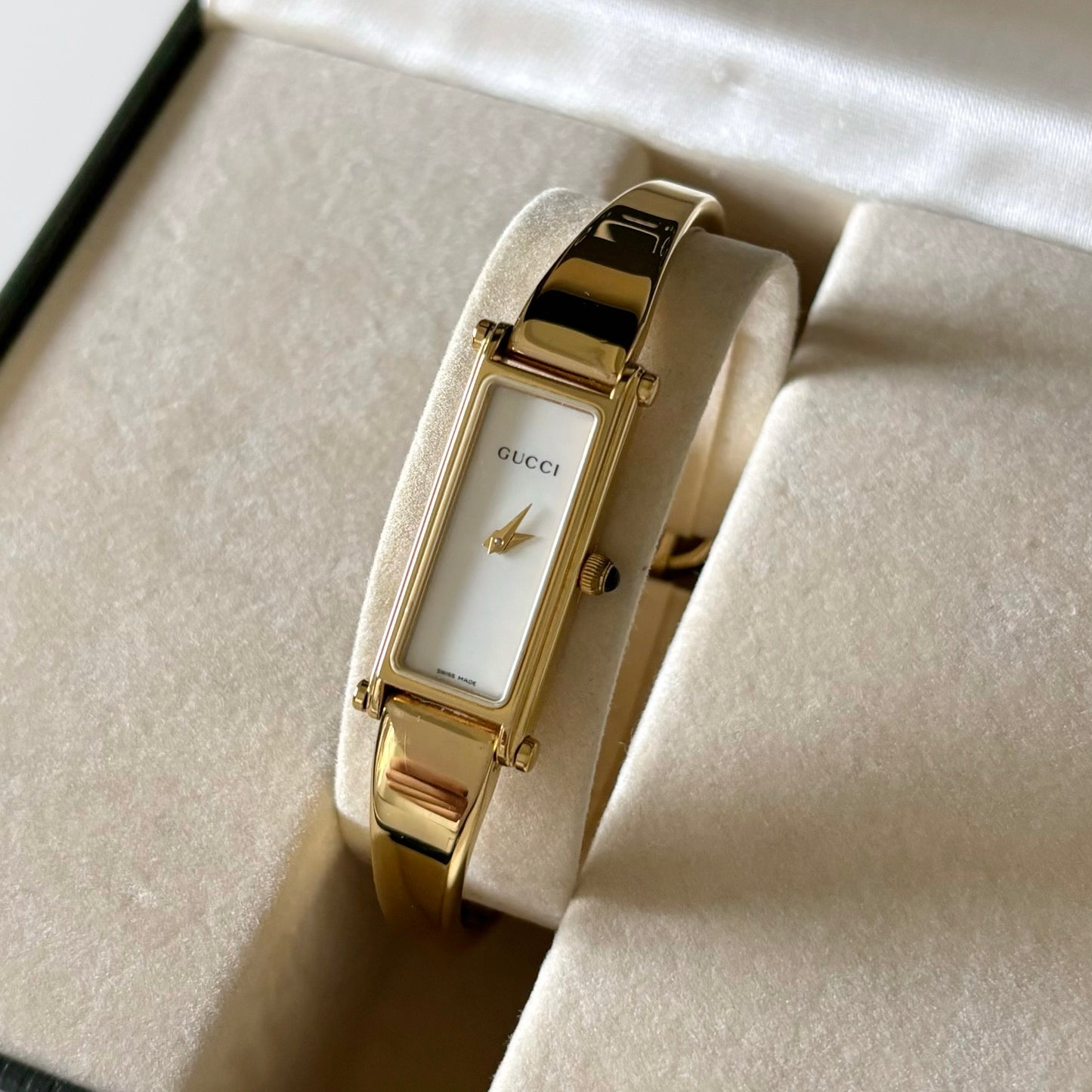 Gucci 1990s Seashell Dial Rectangular Gold Plated Bangle Watch