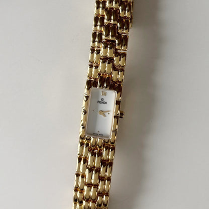 Fendi 1990s Rectangular White Dial Gold Plated Watch
