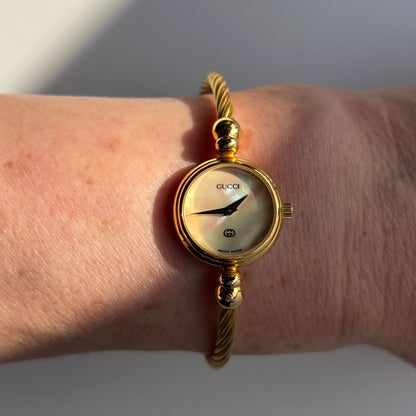 Gucci 1990s Seashell Dial Cable Gold Plated Bangle Watch