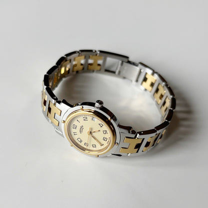 Hermes 1990s Clipper Date Round Dial Gold Plated Two Tone Watch