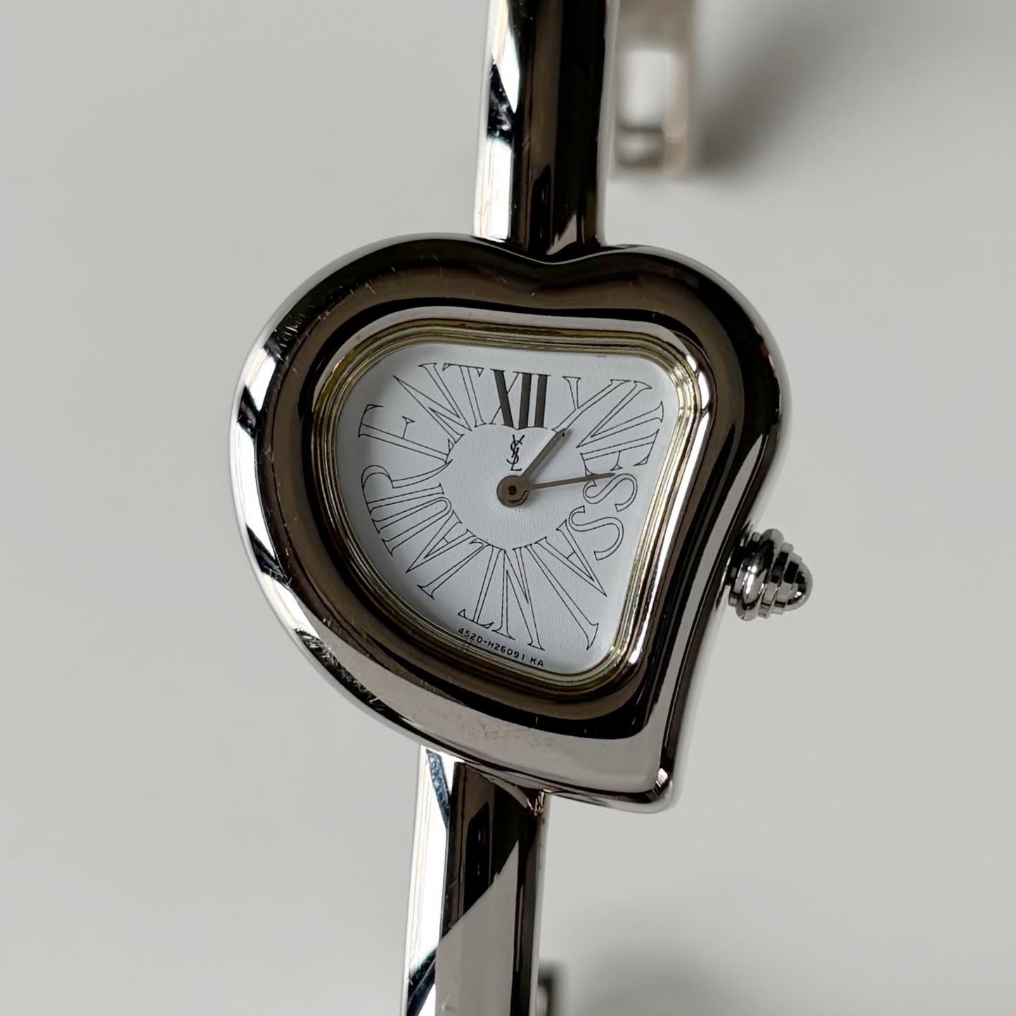 Yves Saint Laurent 1990s Heart Shaped Dial Silver Bangle Watch