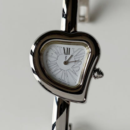 Yves Saint Laurent 1990s Heart Shaped Dial Silver Bangle Watch