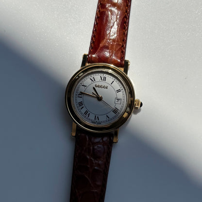 Gucci 1990s Date Round Dial Gold Plated Watch