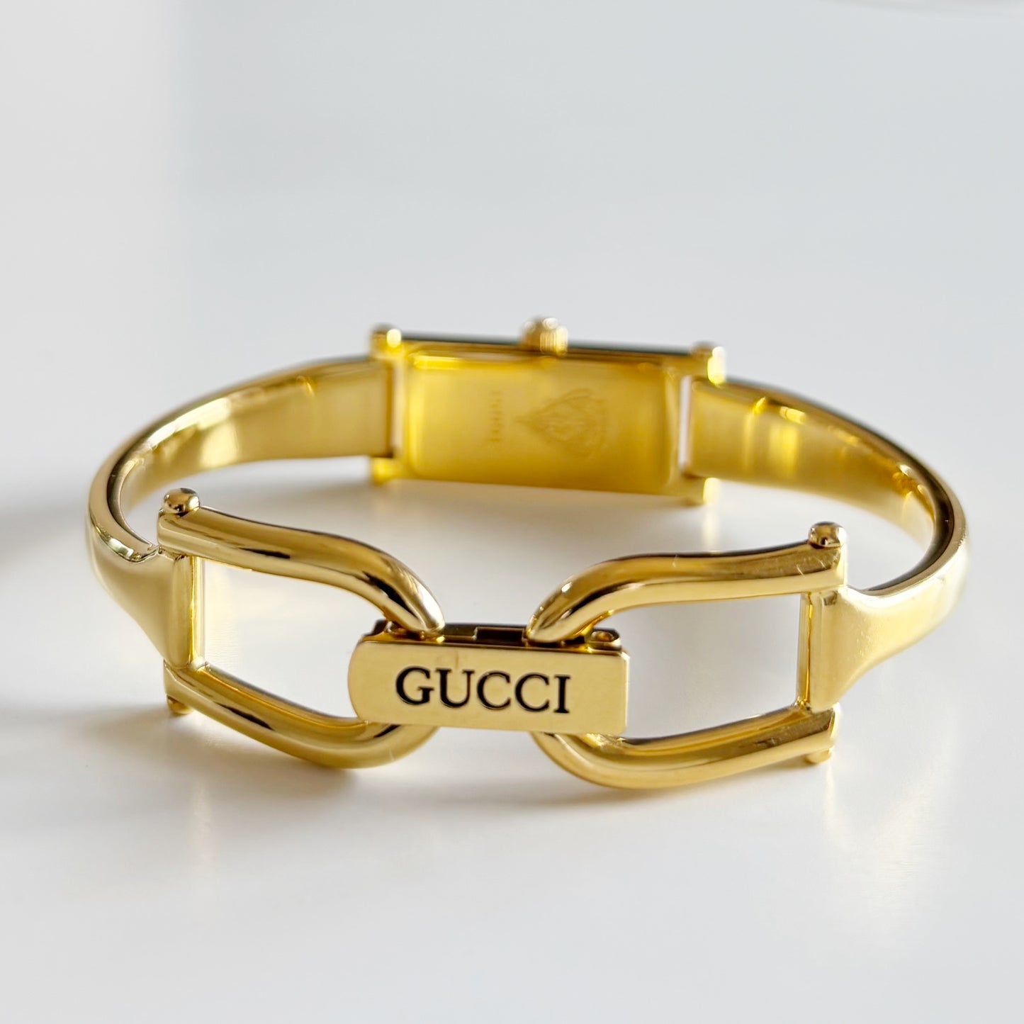 Gucci 1990s Rectangular Seashell Dial Gold Plated Bangle Watch