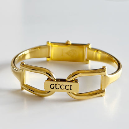 Gucci 1990s Rectangular Seashell Dial Gold Plated Bangle Watch