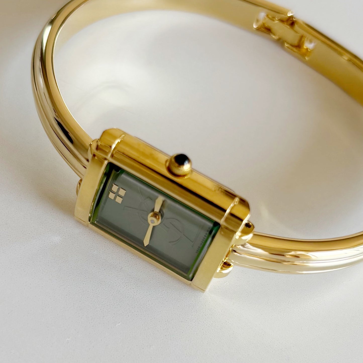 Yves Saint Laurent 1990s Green Dial Gold Plated Bangle Watch