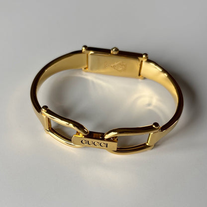 Gucci 1990s Seashell Rectangular Dial Gold Plated Bangle Watch