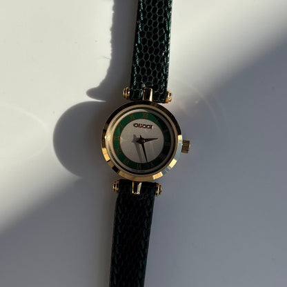 Gucci 1990s Green Sherry Round Dial Gold Plated Watch