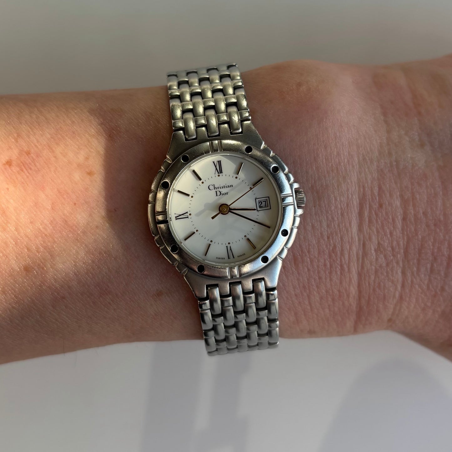 Dior 1990s Date Round Dial Silver Watch