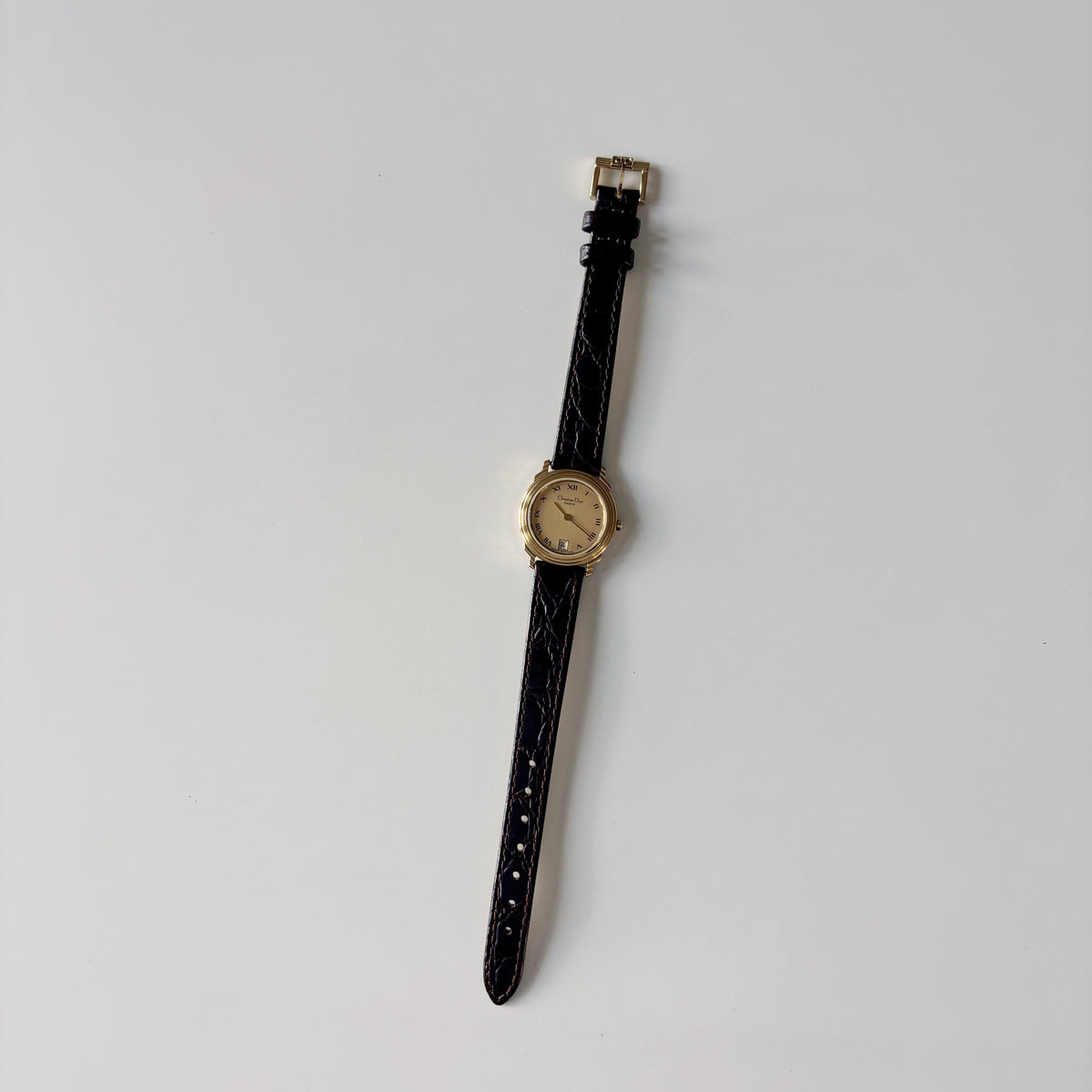 Dior 1990s Date Gold Round Dial Gold Plated Watch