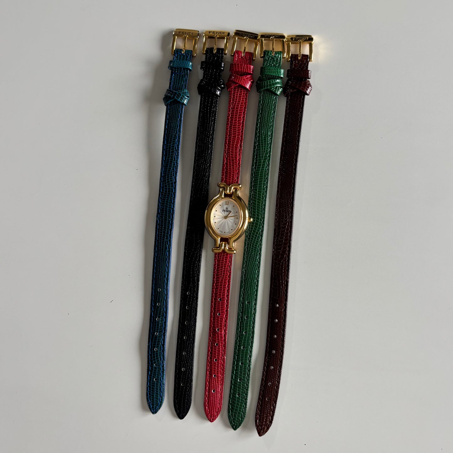 Fendi 1990s Interchangeable Strap Gold Plated Watch with 5 straps, case