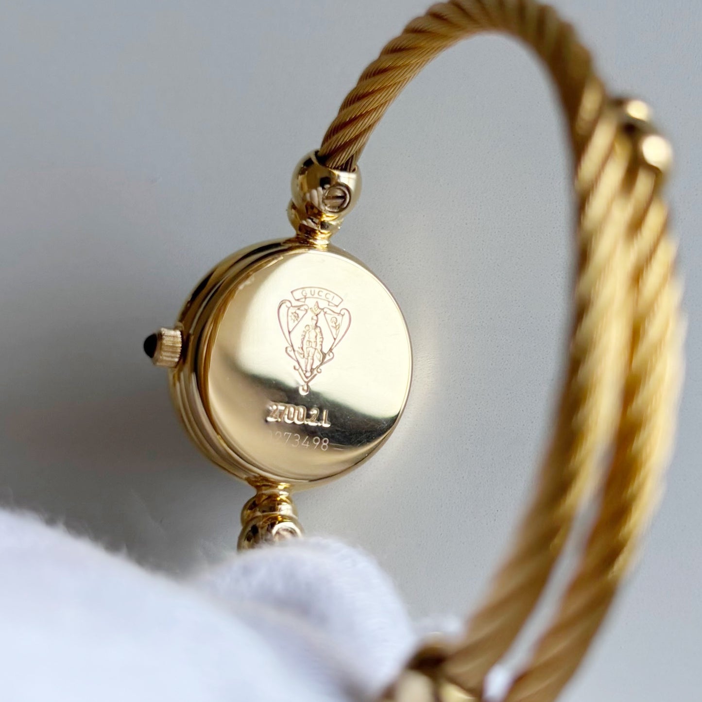 Gucci 1990s Black Dial Gold Plated Cable Band Bangle Watch