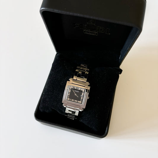 Fendi 1990s Black Dial Date Square Stainless Steel Watch