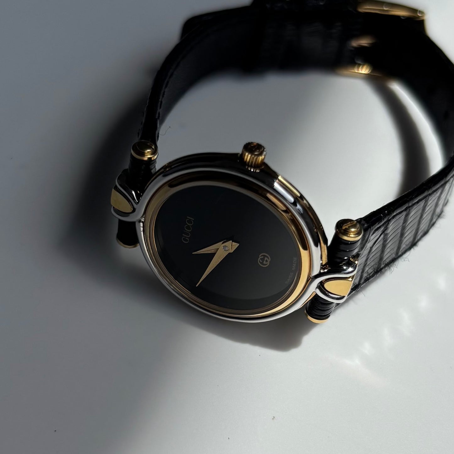 Gucci 1980s Black Round Dial Two Tone Watch