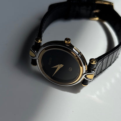 Gucci 1980s Black Round Dial Two Tone Watch
