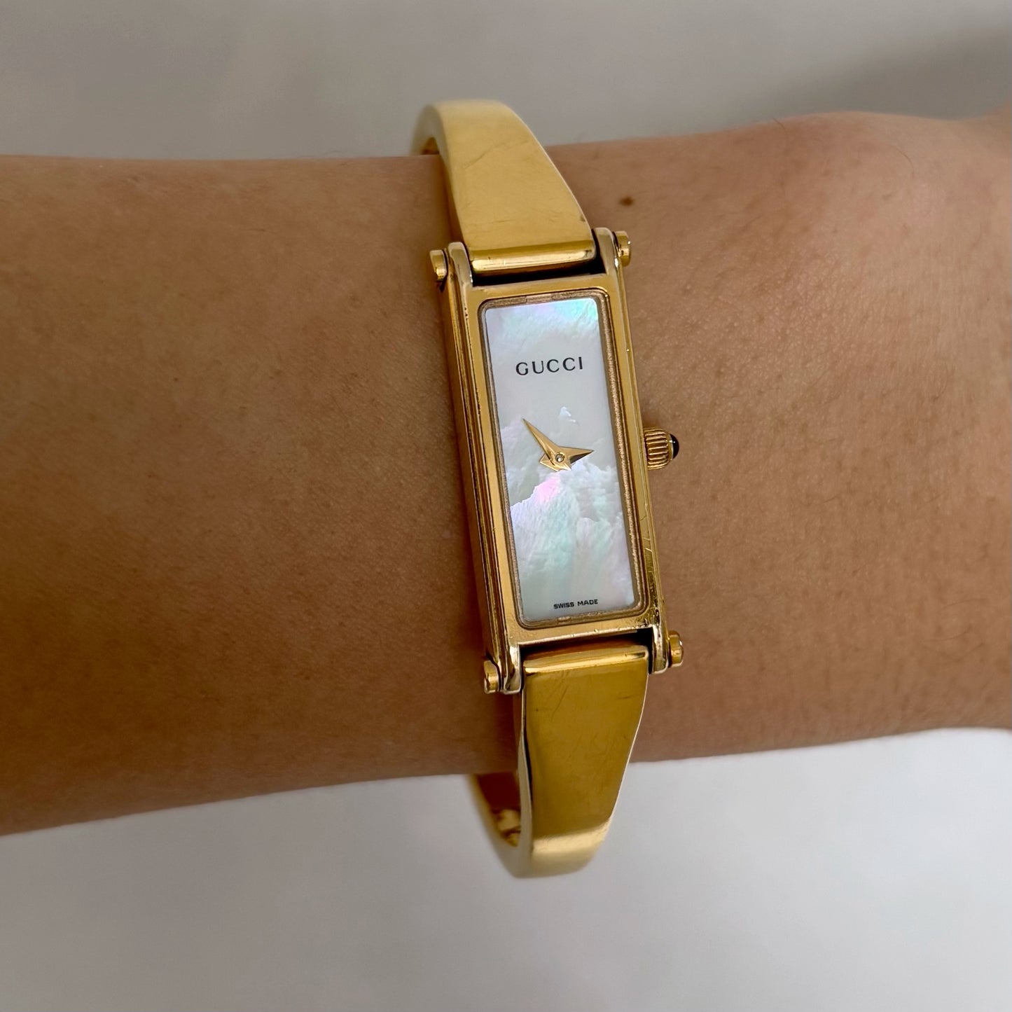 Gucci 1990s Seashell Dial Rectangular Gold Plated Bangle Watch