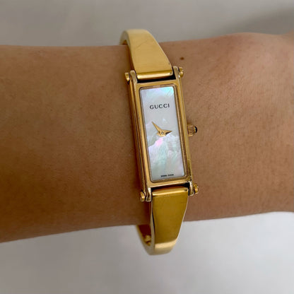 Gucci 1990s Seashell Dial Rectangular Gold Plated Bangle Watch