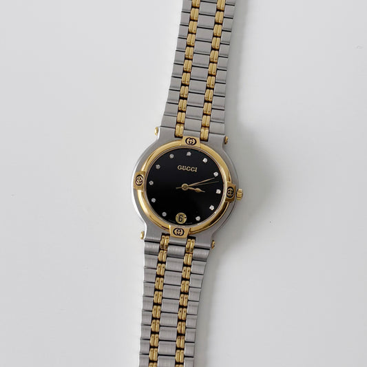 Gucci 1990s Date Black Dial Two Tone Watch (Large)