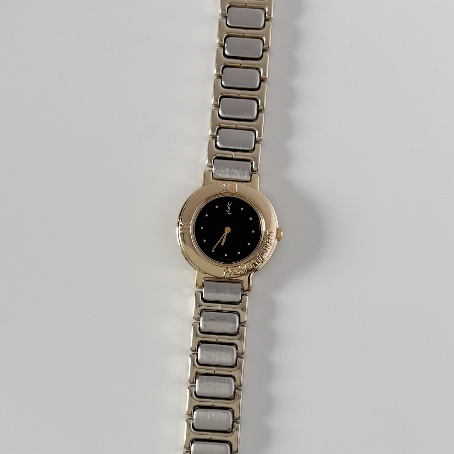 Yves Saint Laurent 1990s Black Round Dial Two Tone Watch