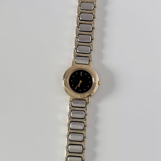Yves Saint Laurent 1990s Black Round Dial Two Tone Watch