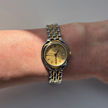 Dior 1990s Date Round Dial Two Tone Gold Plated Watch