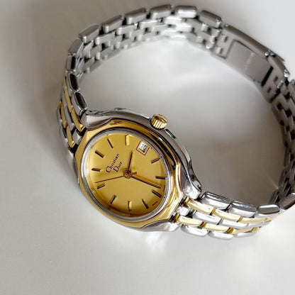 Dior 1990s Date Round Dial Two Tone Watch