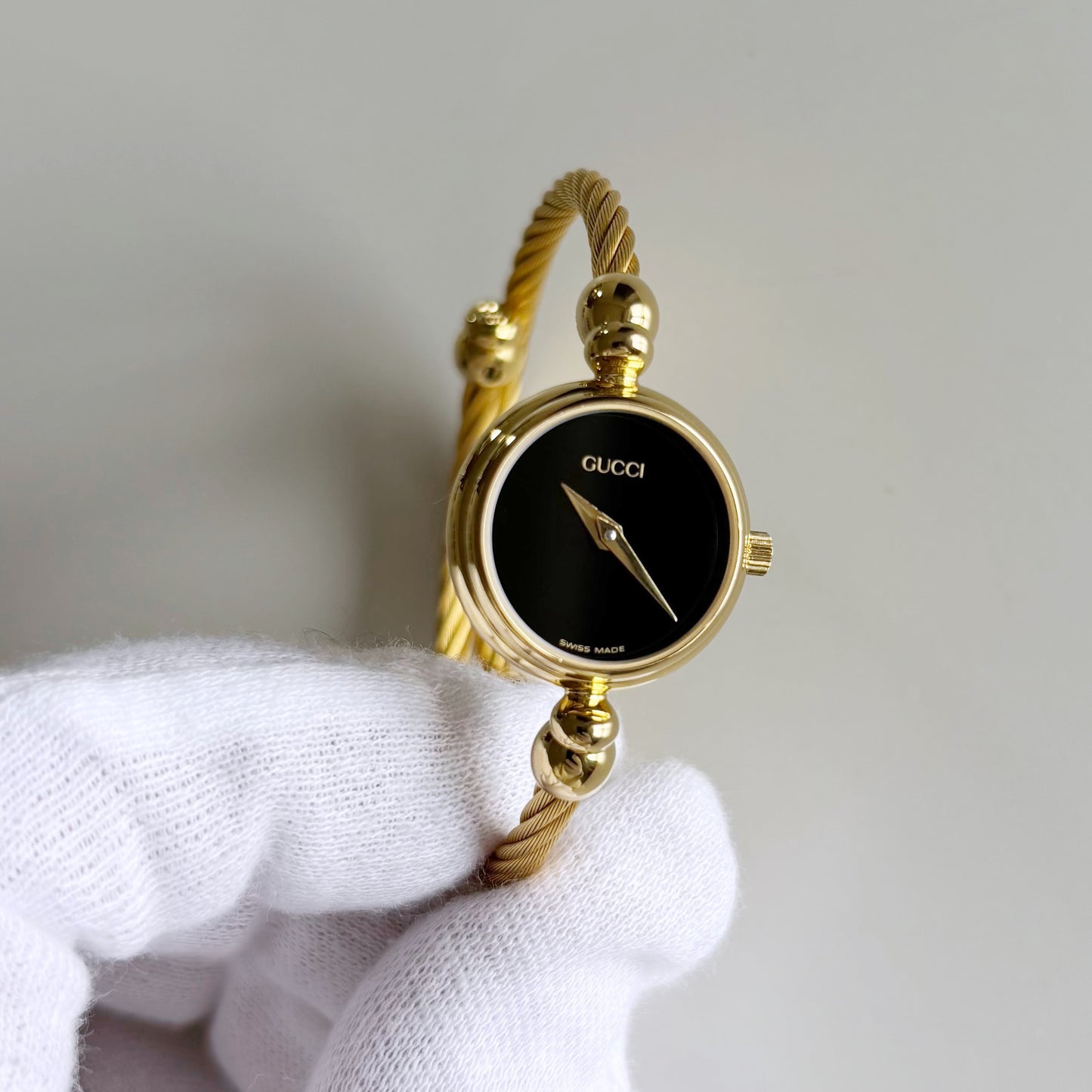 Gucci 1990s Black Dial Gold Plated Cable Band Bangle Watch