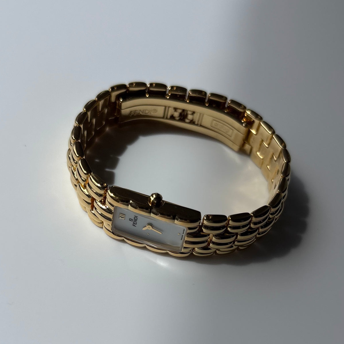 Fendi 1990s Rectangular White Dial Gold Plated Watch