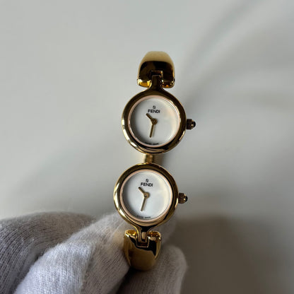 Fendi 1990s Seashell Dial Two Time Zone Gold Plated Bangle Watch