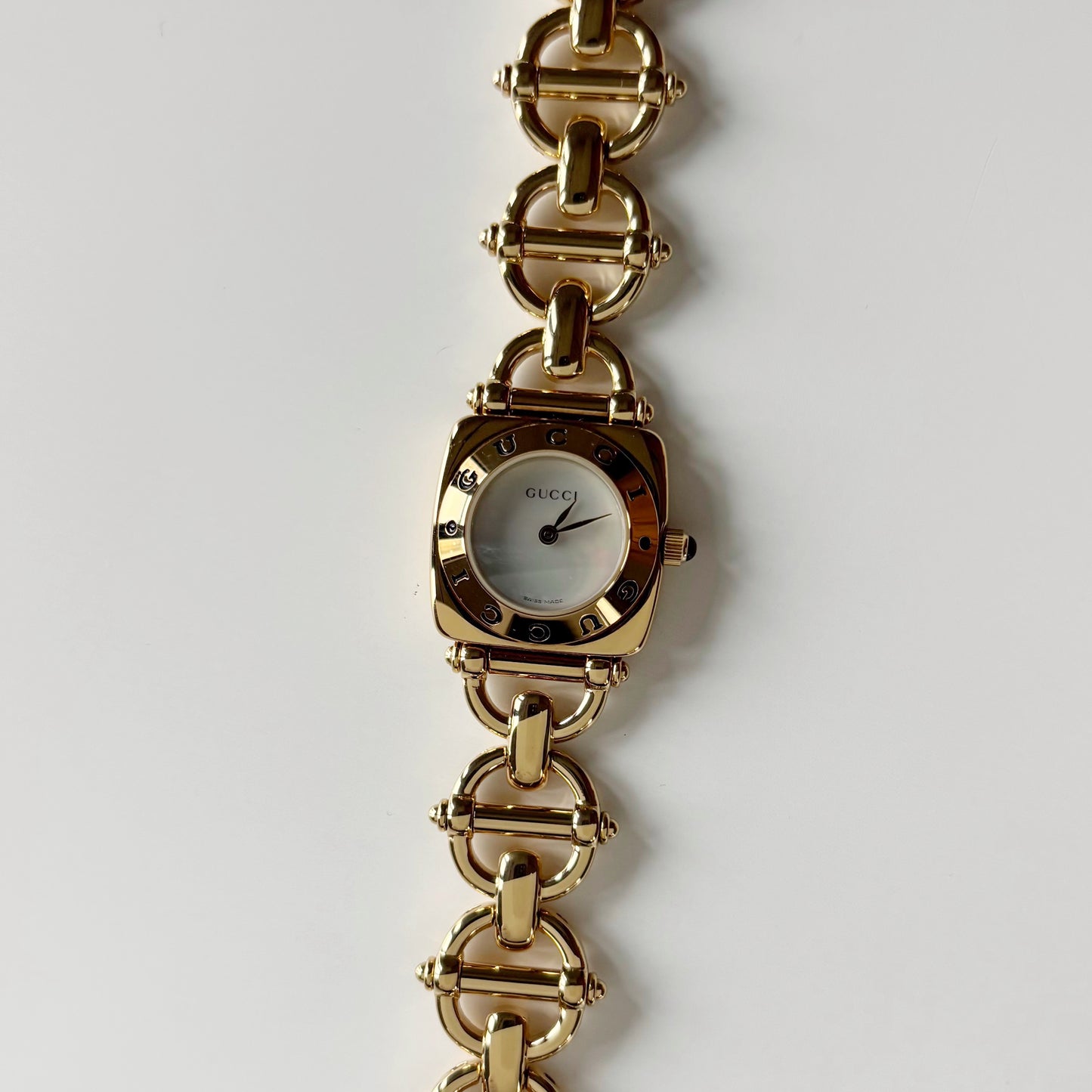 Gucci 1990s Seashell Dial Gold Plated Horsebit Watch