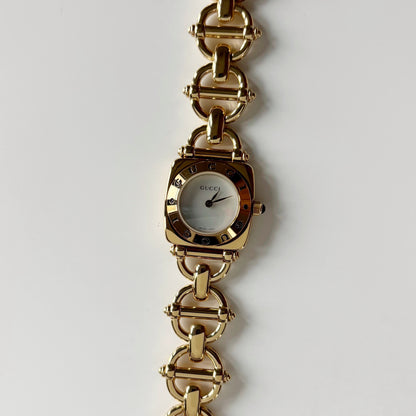 Gucci 1990s Seashell Dial Gold Plated Horsebit Watch