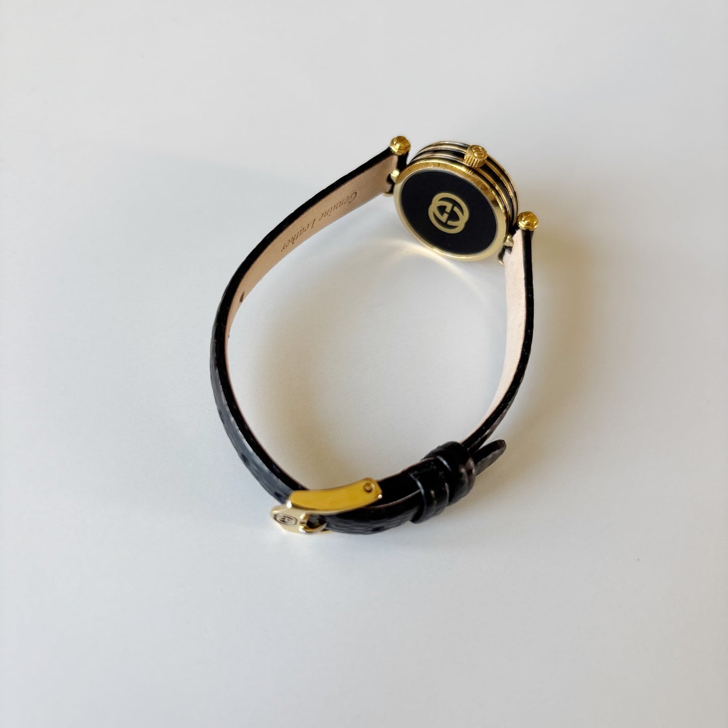 Gucci 1990s Black Round Dial Gold Plated Watch