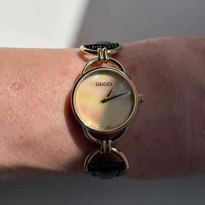 Gucci 1990s Seashell Dial Gold Plated Horsebit Watch