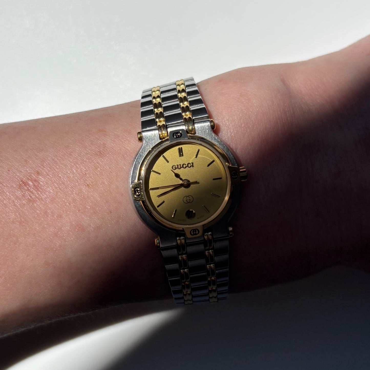Gucci 1990s Date Round Dial Two Tone Gold Plated Watch