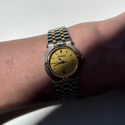 Gucci 1990s Date Round Dial Two Tone Gold Plated Watch
