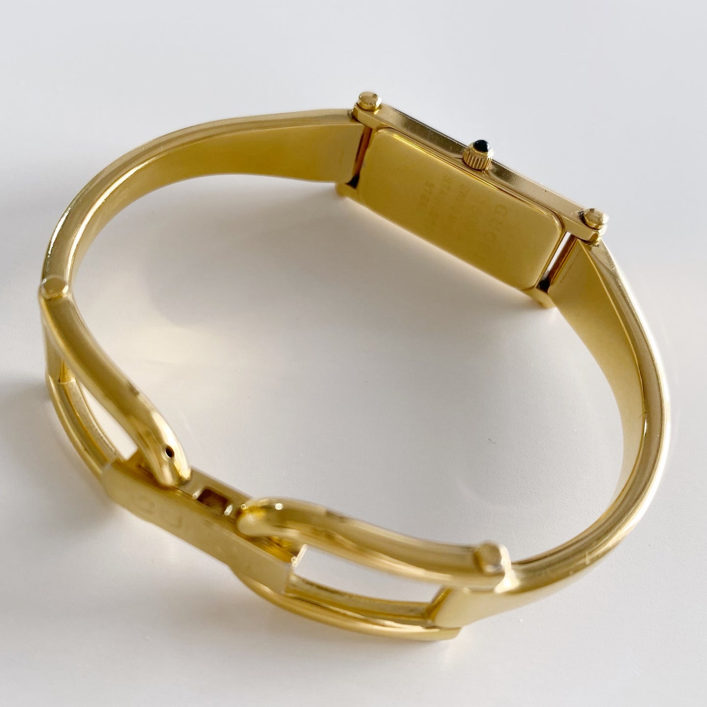Gucci 1990s Seashell Dial Rectangular Gold Plated Bangle Watch