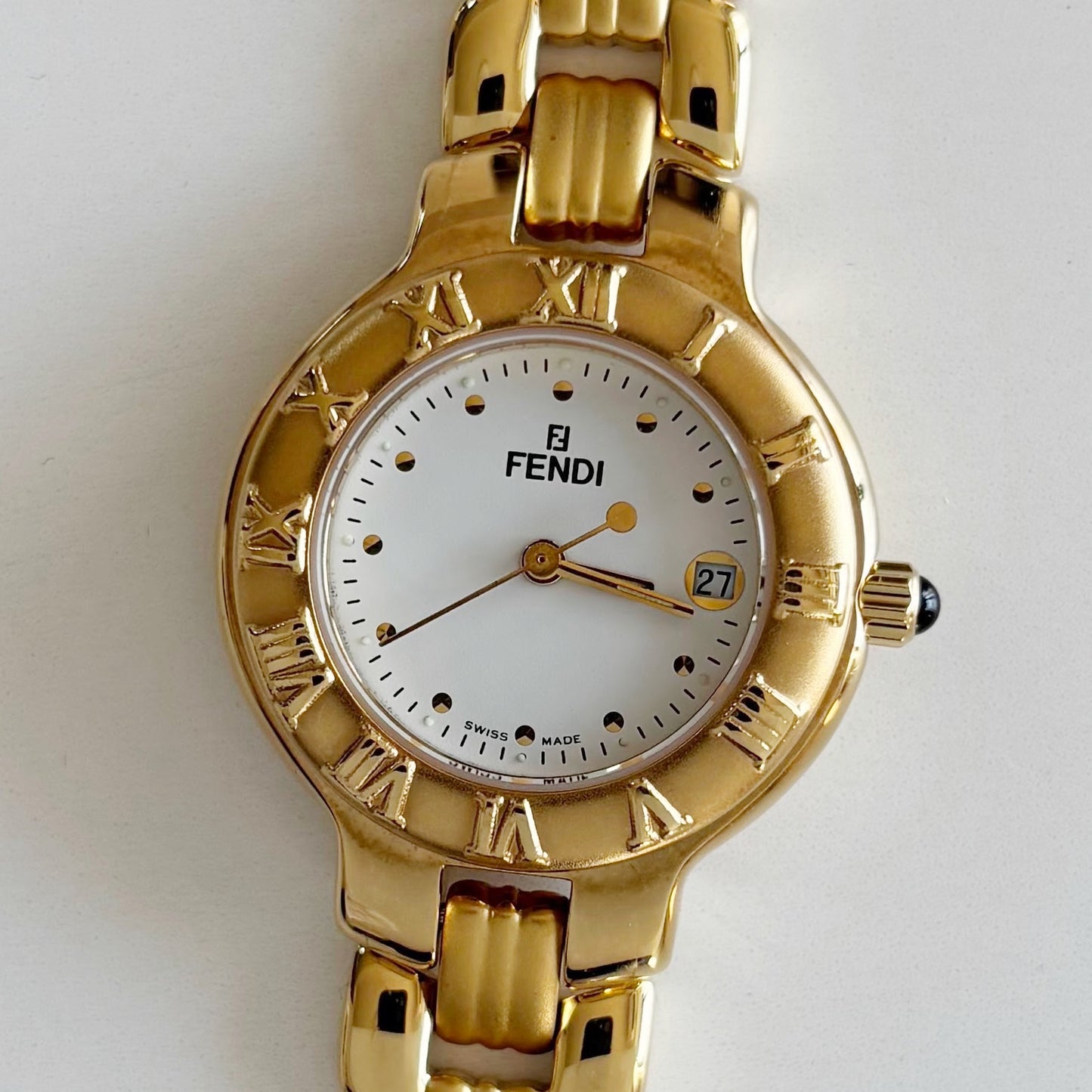 Fendi 1990s Round Dial Date Gold Plated Watch