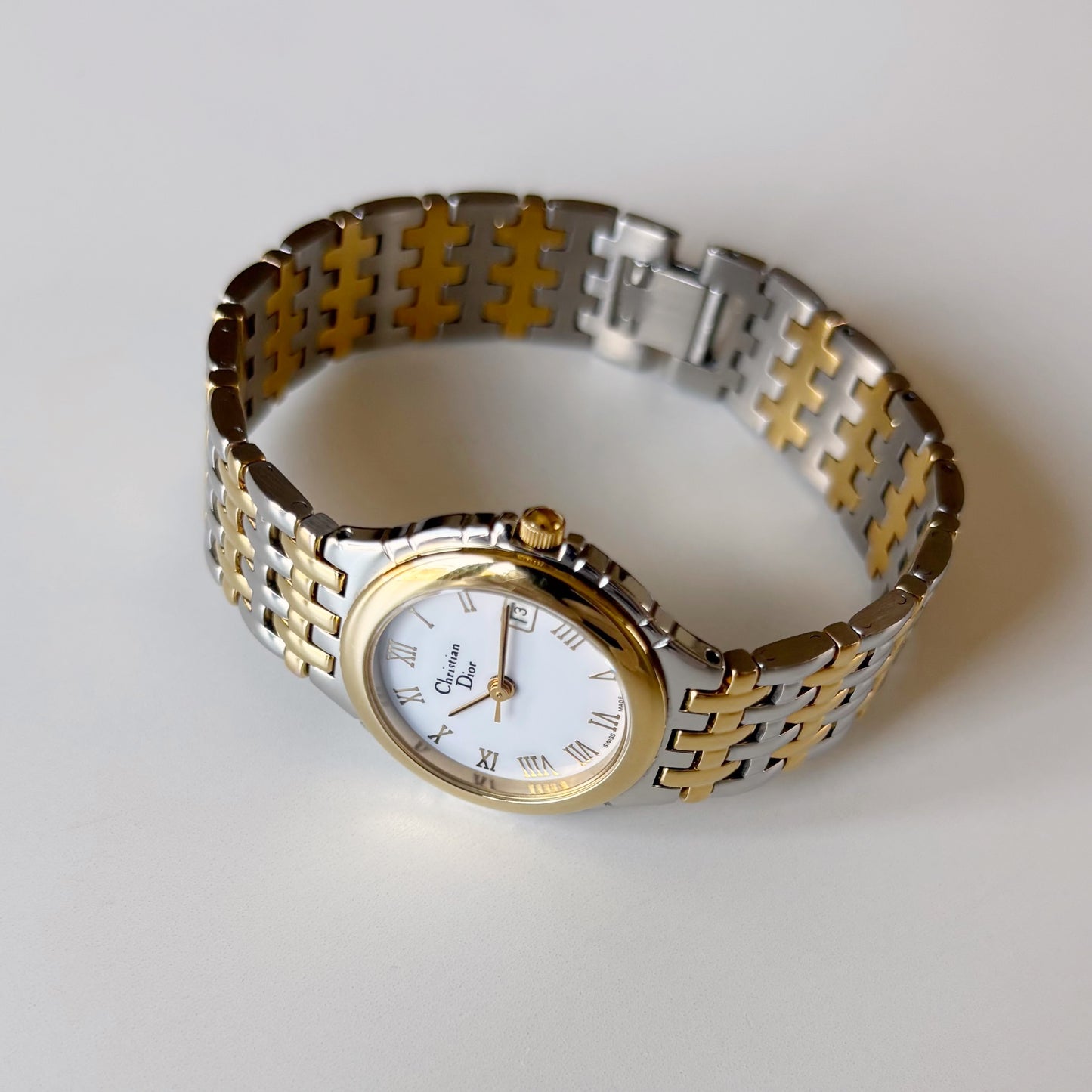 Dior 1990s Date Round Dial Two Tone Gold Plated Watch