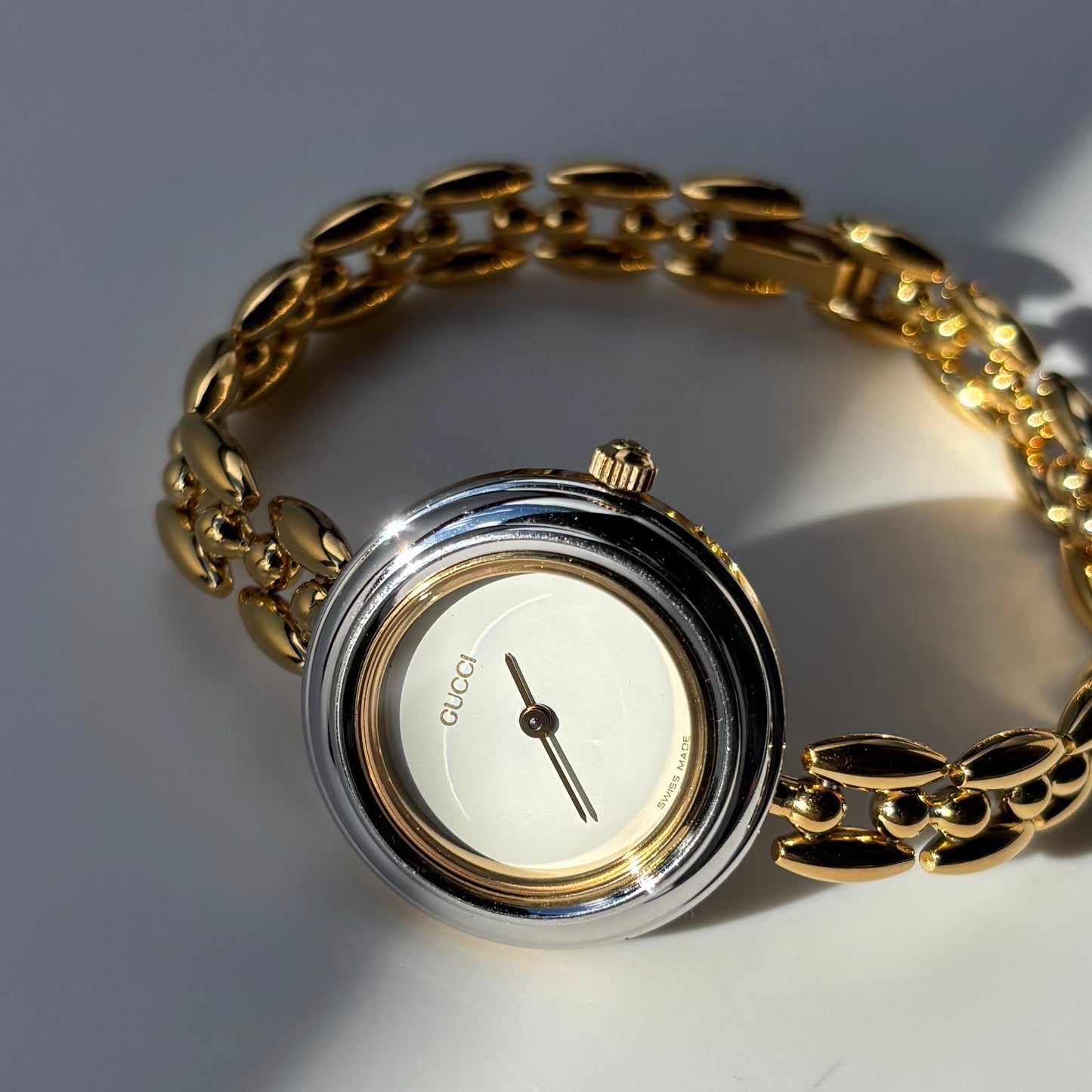 Gucci 1990s Interchangeable Bezel Gold Plated Rice Chain Watch with 6 bezels, case (160mm)