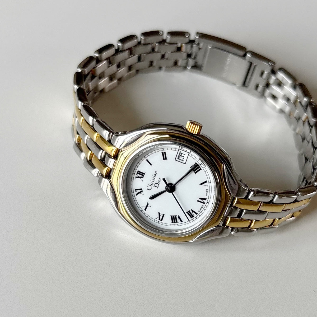 Dior 1990s Date Round Dial Gold Plated Two Tone Watch