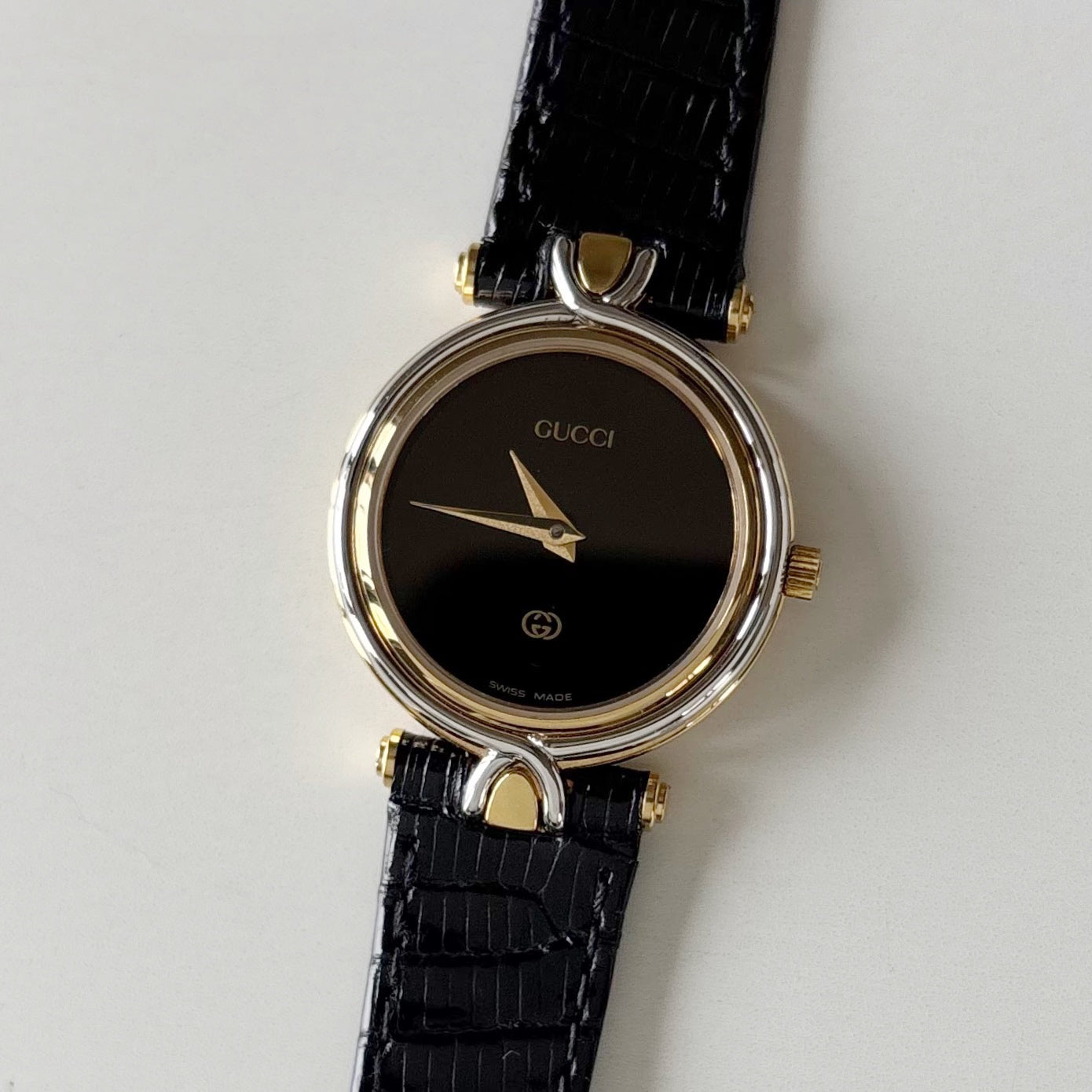 Gucci 1980s Black Round Dial Two Tone Watch
