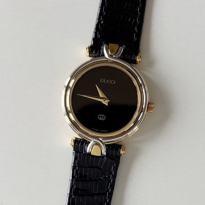 Gucci 1980s Black Round Dial Two Tone Watch