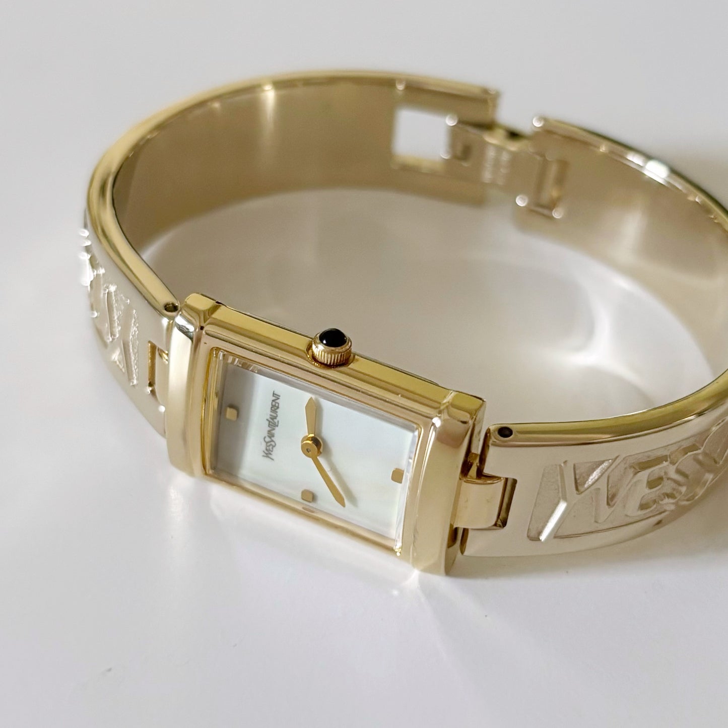 Yves Saint Laurent 1990s Seashell Dial Gold Plated Bangle Watch