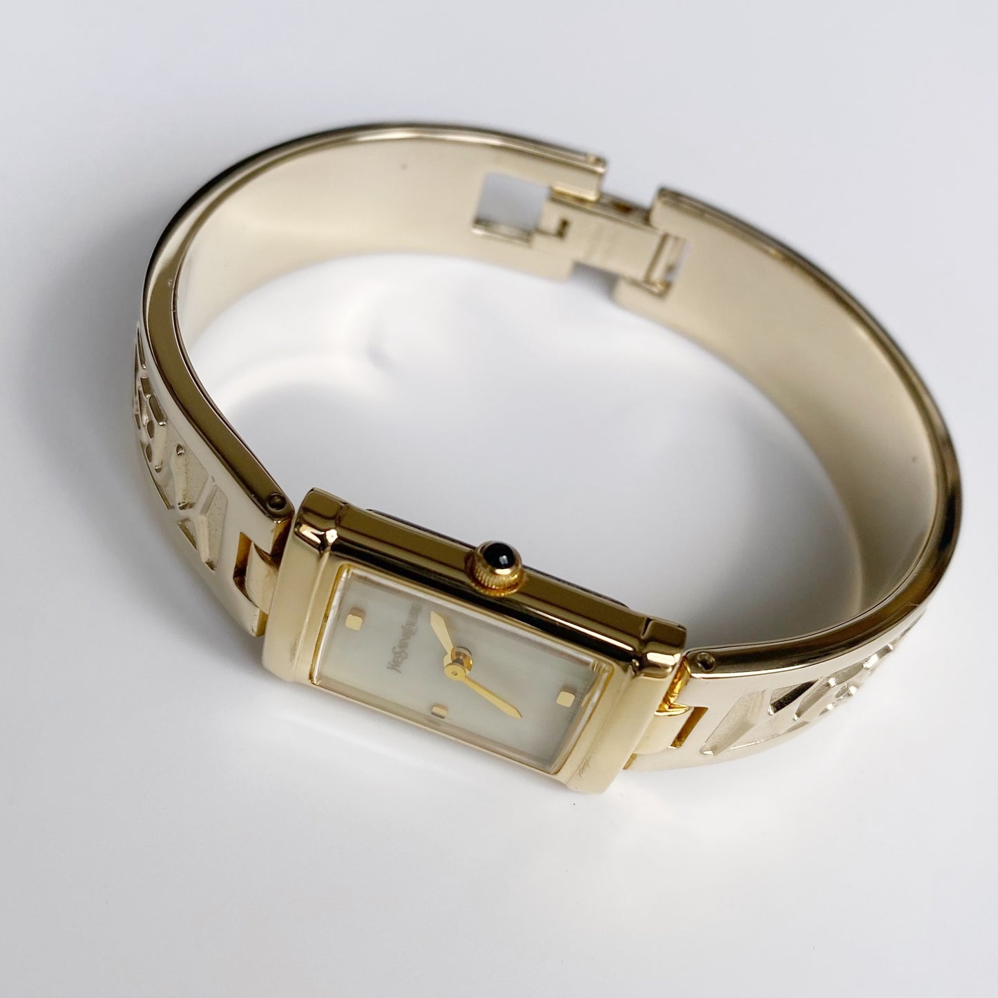 Yves Saint Laurent 1990s Seashell Dial Gold Plated Bangle Watch